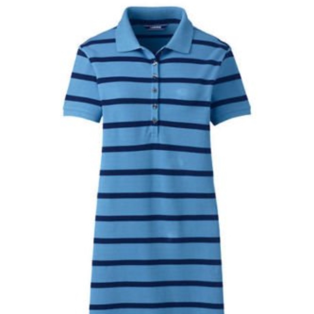 Lands End SS Polo Dress Blue Wave Stripe